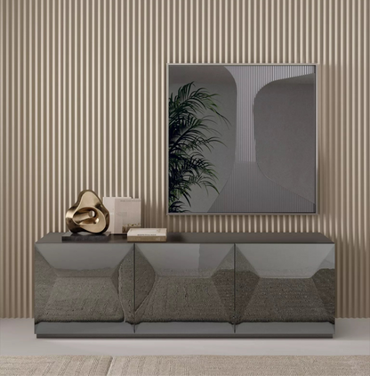Modern design with a gray mirror, shaped like an abstract painting.