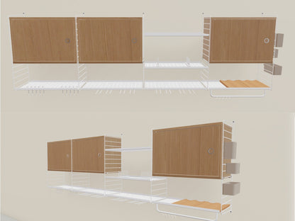 Wall-mounted shelving unit with wooden panels and white shelves on a beige background